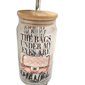 Amanda Greenwood, "The Bags Under My Eyes Are Chanel Wrapped Print Glass Tumbler